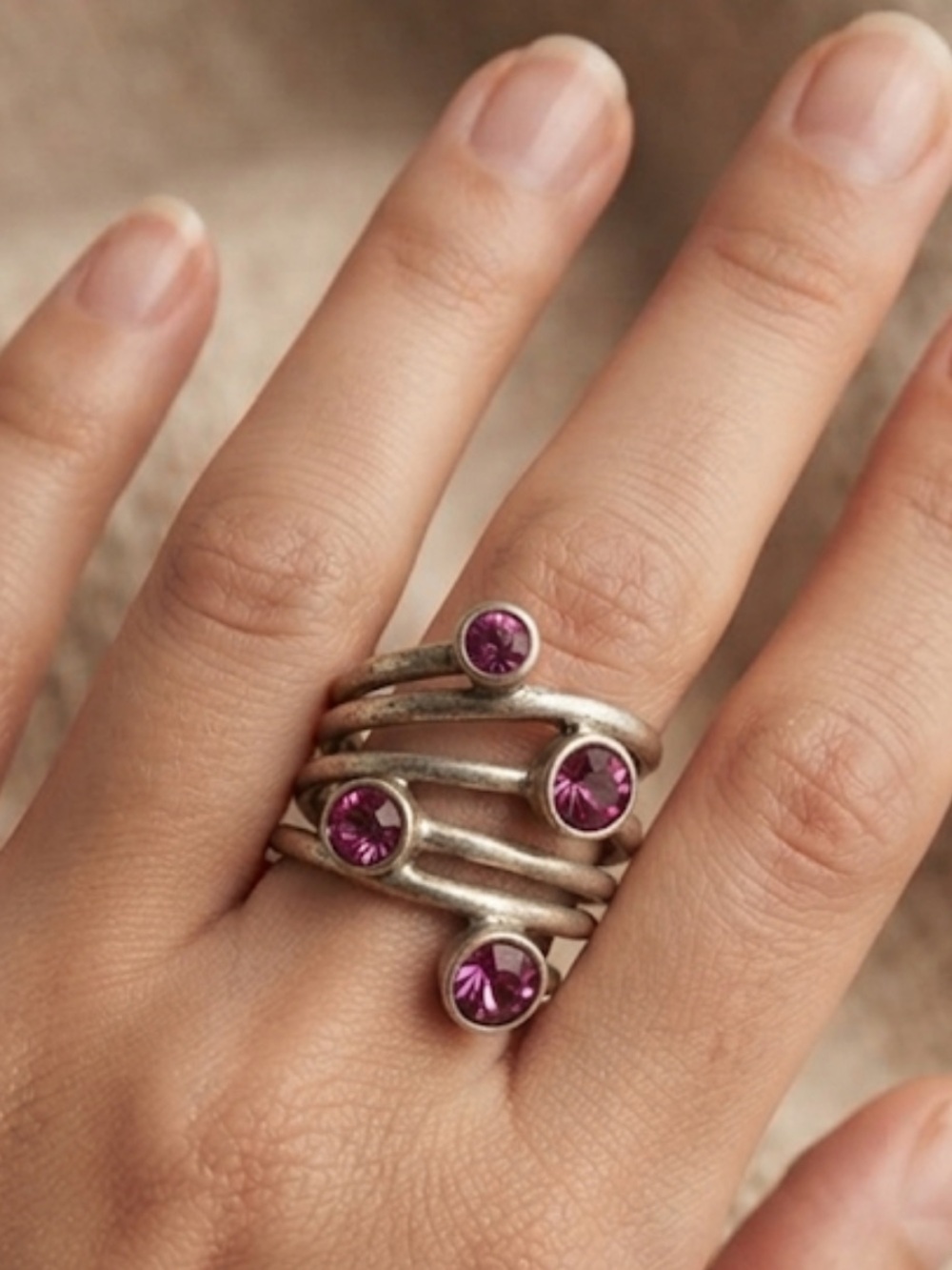 Silver-Tone Multi-Band Ring with Fuchsia Stones